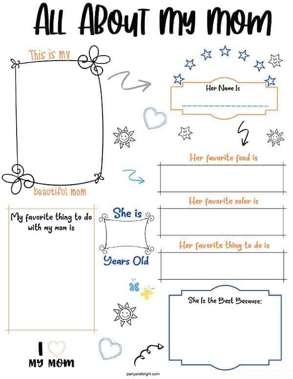 All About My Mom Printable with questions for kids to answer about mom for Mother's Day
