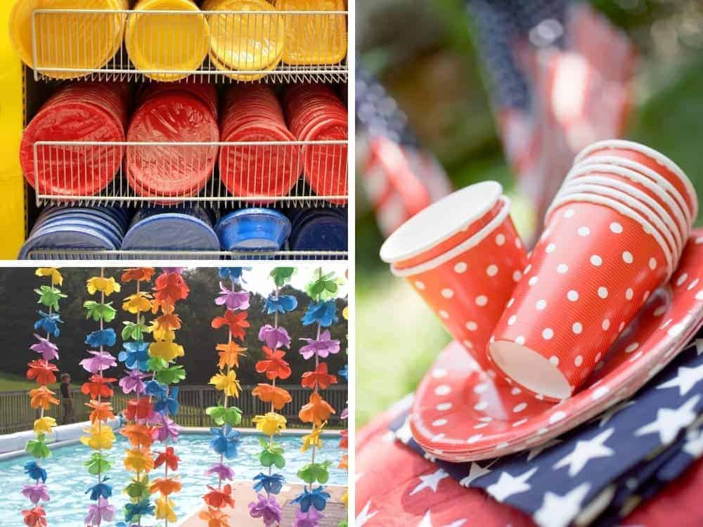 collage of colorful dollar store paper plates, patriotic tableware and luau leis