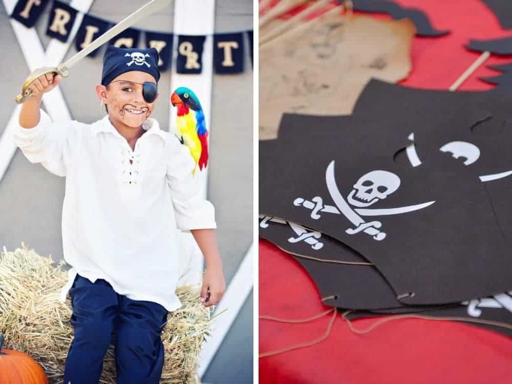 boy with pirate sword and eyepatch and a diy pirate paper hat