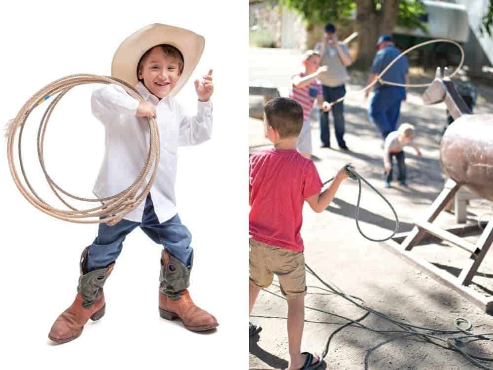 boys roping a pretend horse and boy with a lasso