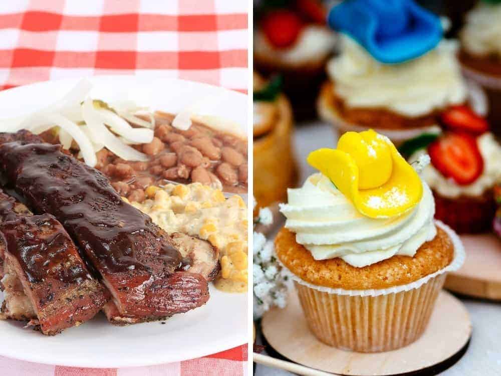 cowboy party food including ribs, beans and cupcake with cowboy hat on top