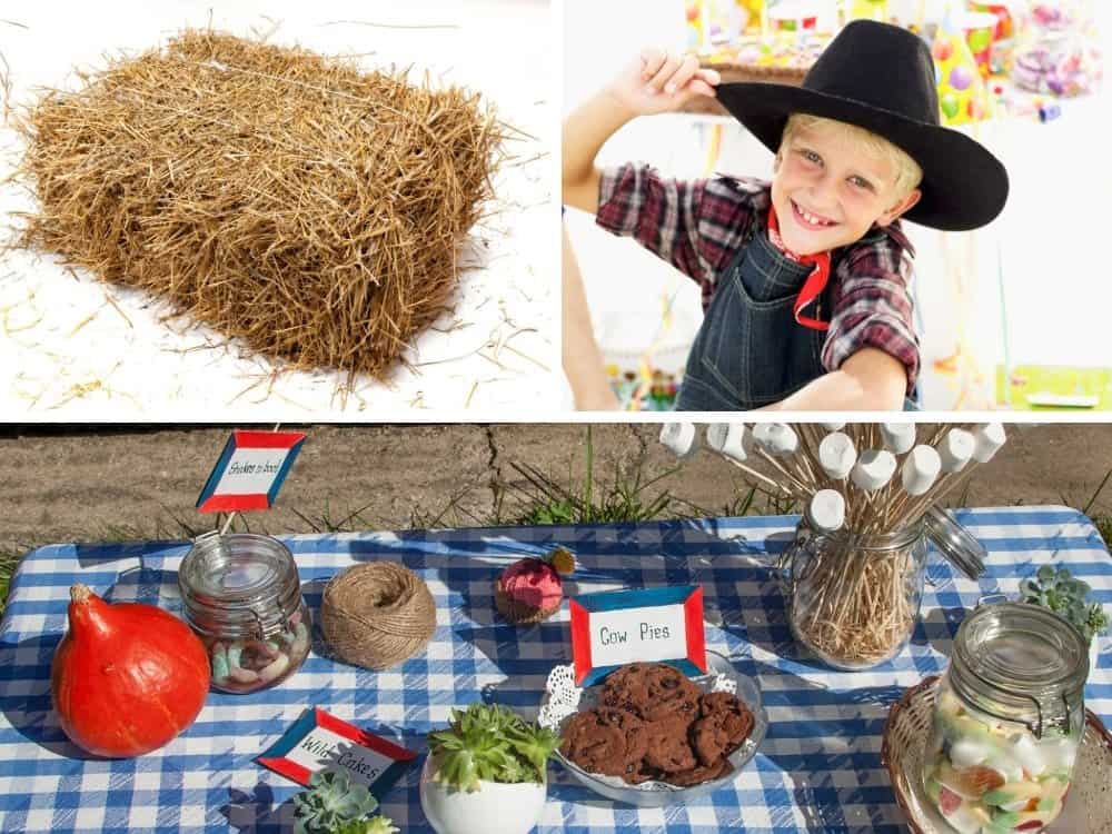 collage of cowboy party things including hay, boy in cowboy hat and table with cowboy themed food