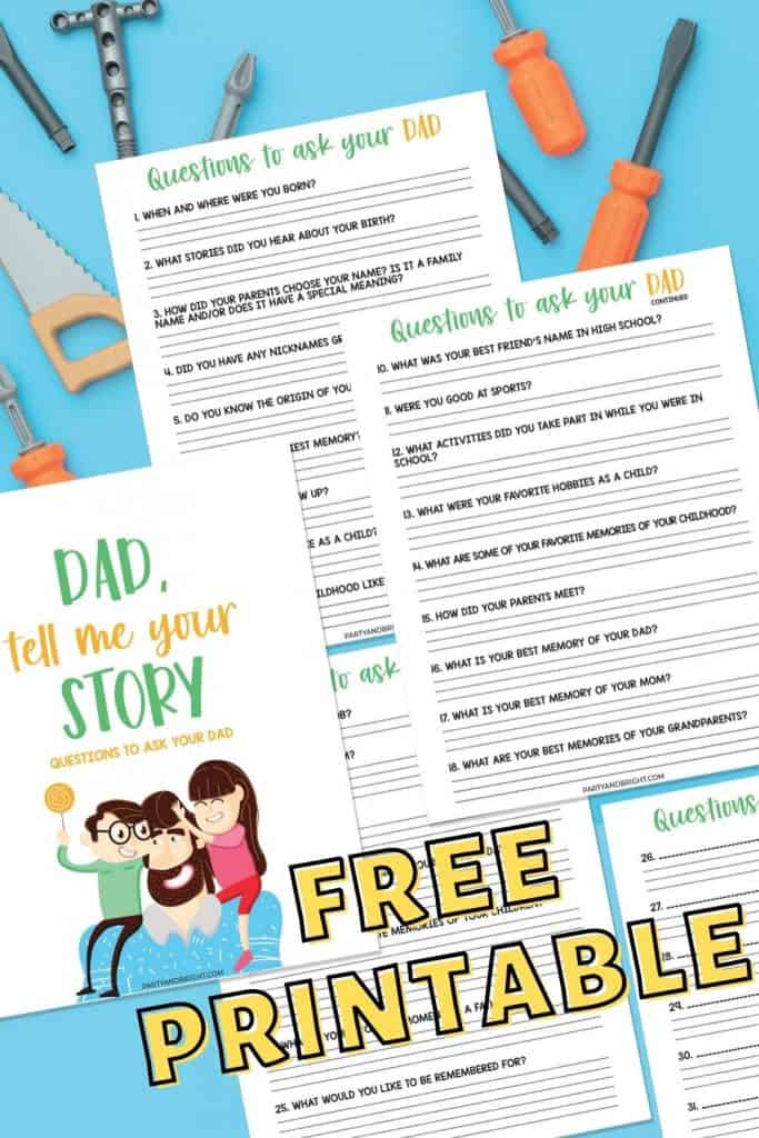 mockup of free printable questions to ask your dad with tools in the background