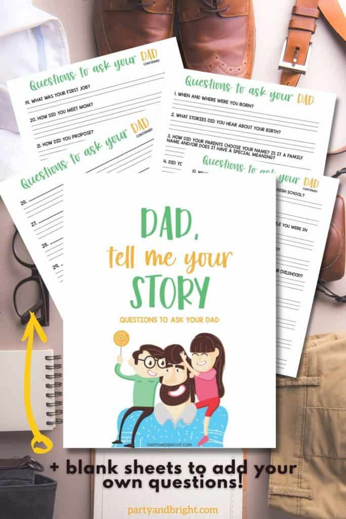 flat lay of dad clothing with mockup of printable journal of questions to ask your dad with blank sheets