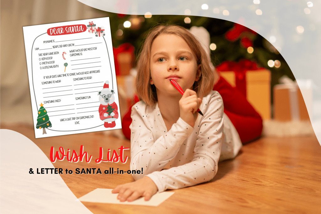 little girl laying on her stomach holding a pen and thinking about what to write in her letter to Santa in front of a christmas tree with a mockup of a letter for santa template
