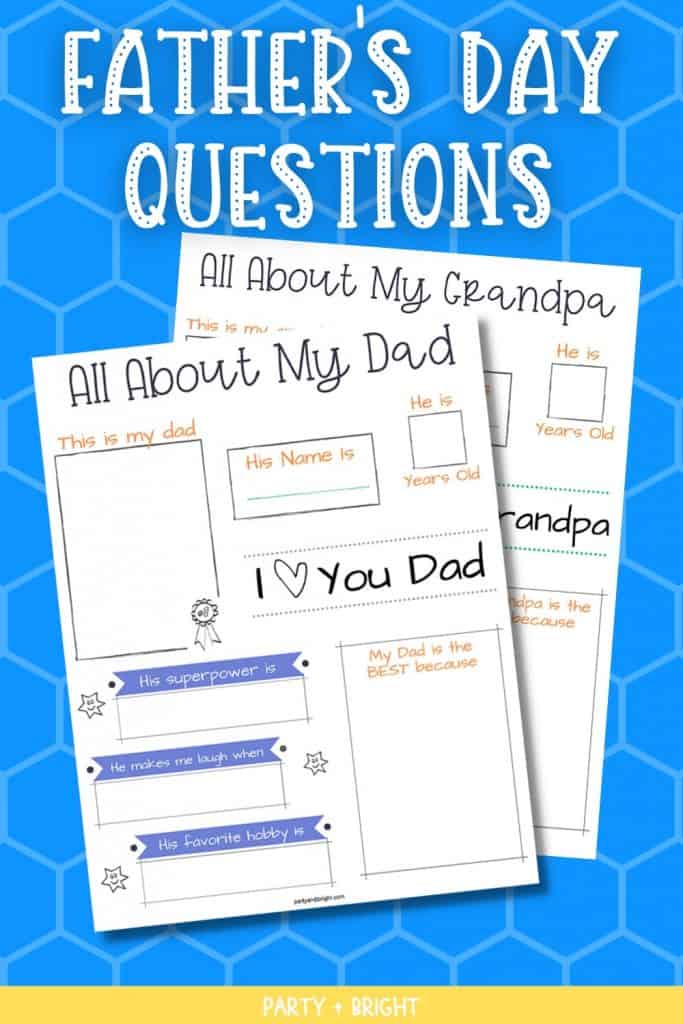Two All About Dad and Grandpa printable questions worksheets on blue background