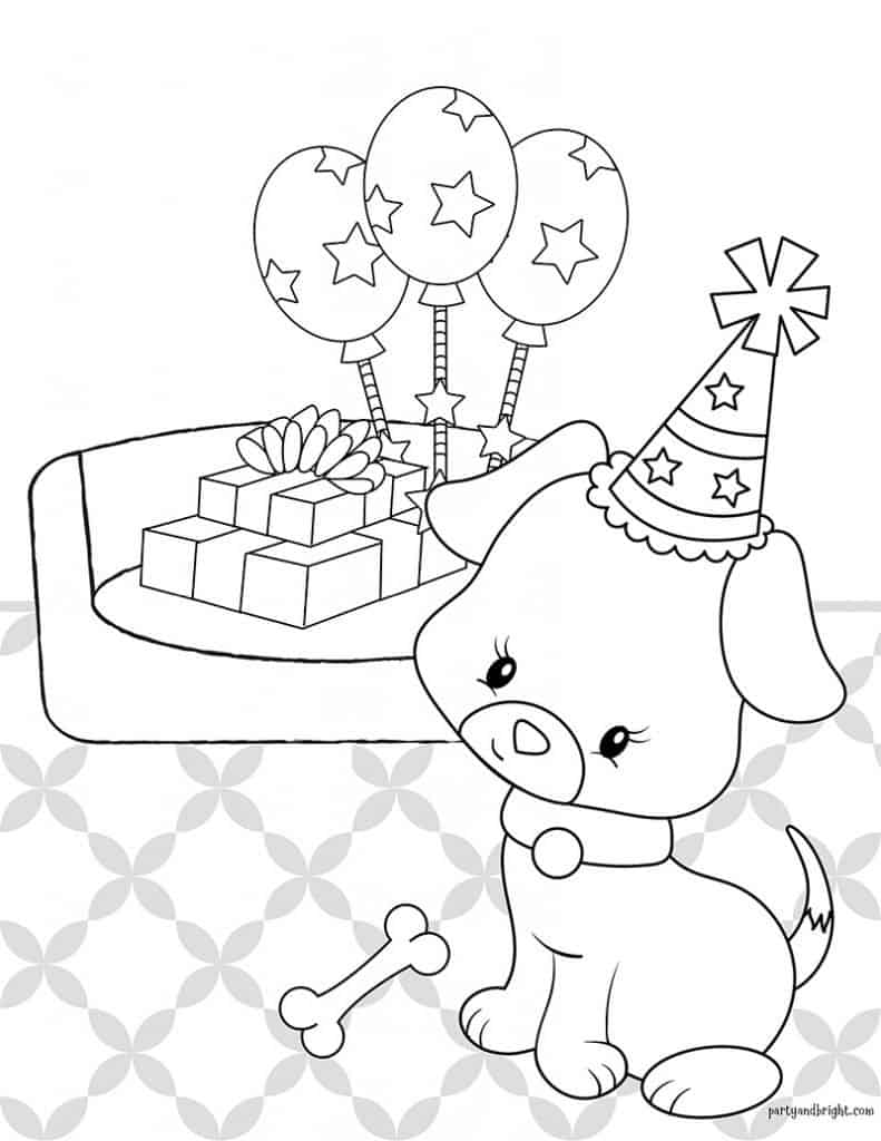 puppy coloring page of puppy wearing a party hate with presents and balloons