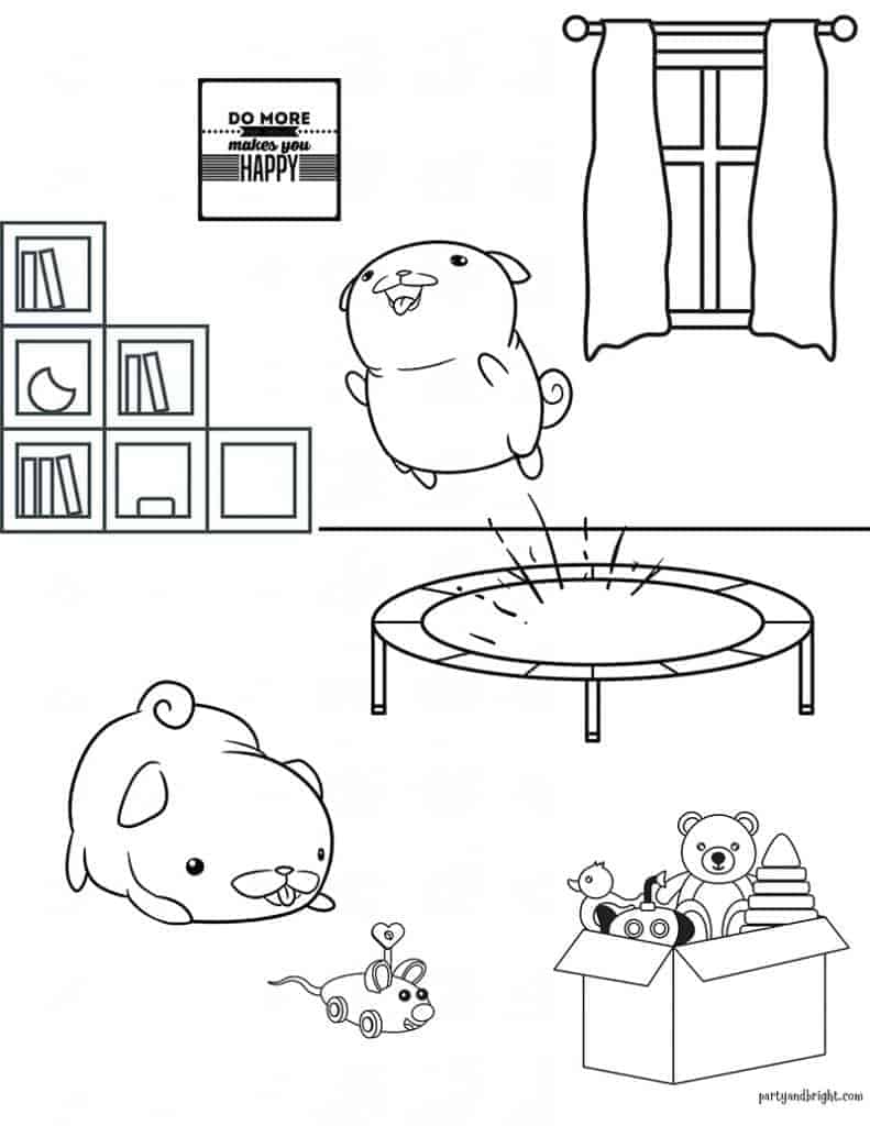 coloring sheet of two puppies playing in a playroom with one on a trampoline