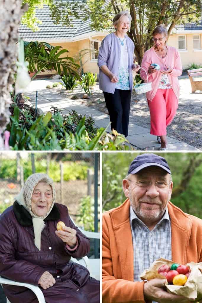 seniors doing an easter egg hunt and happily showing off their easter eggs