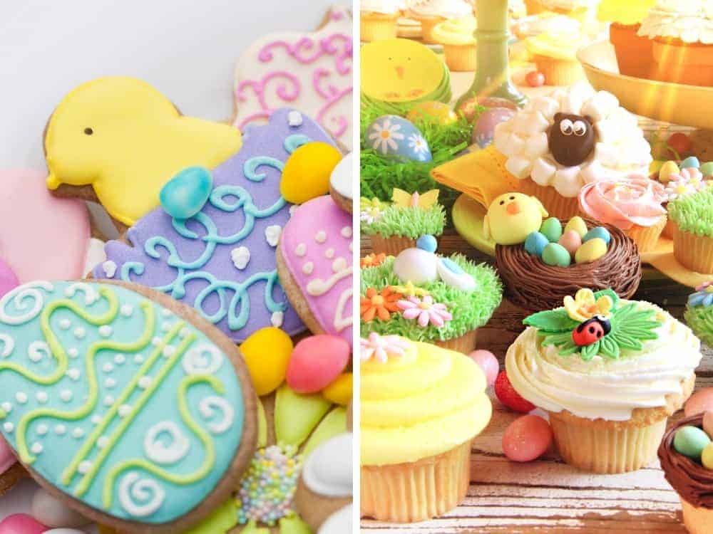 decorated easter cookies and easter cupcakes