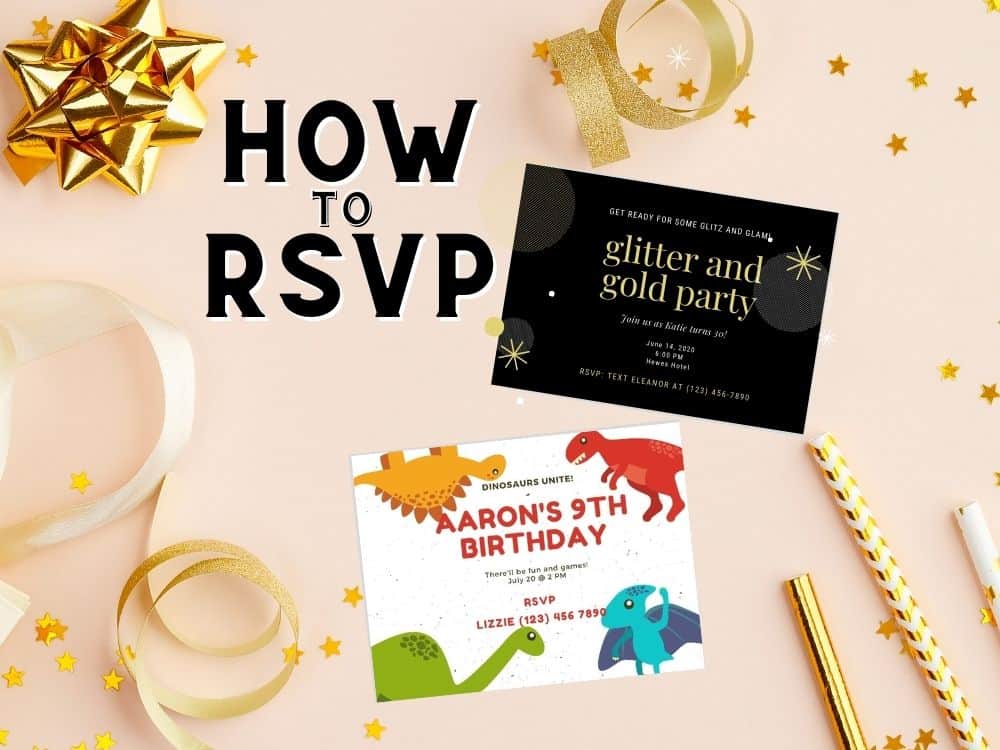 birthday party invitations on a peach colored party background with text How to RSVP