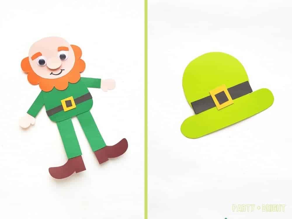 Leprechaun paper puppet with second photo of leprechaun hat out of paper