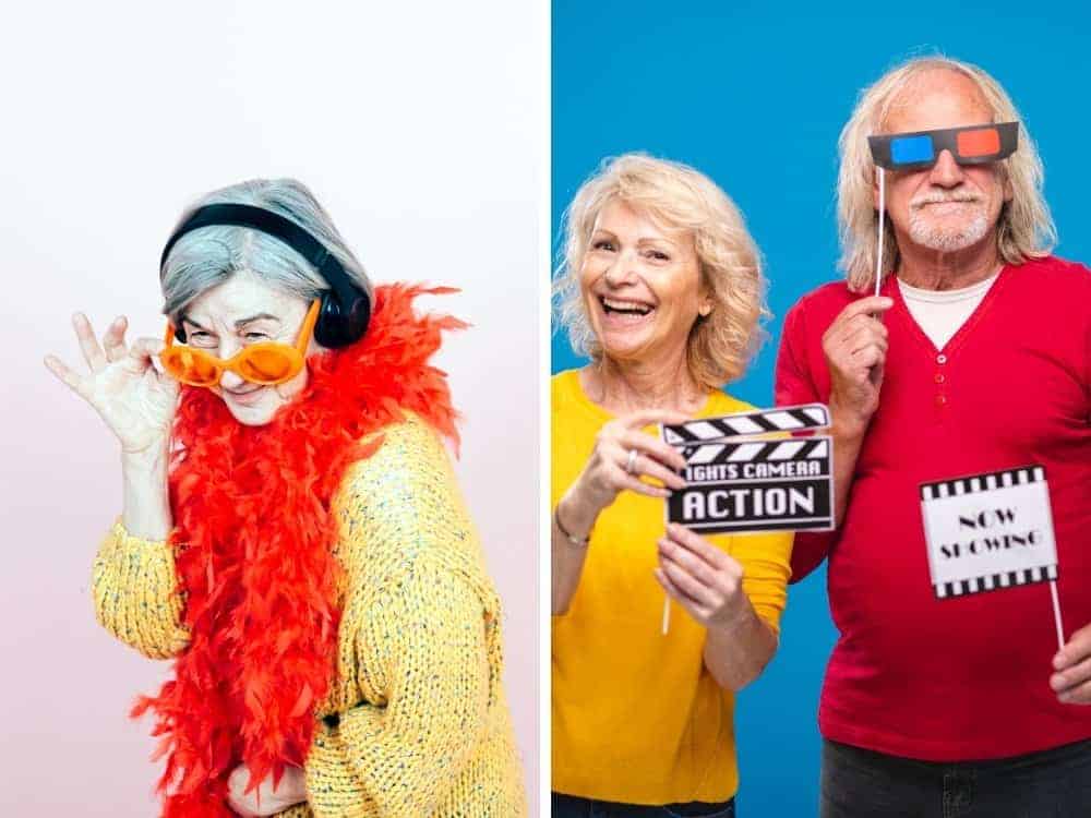 grandma wearing boa and headphones and senior couple holding movie props