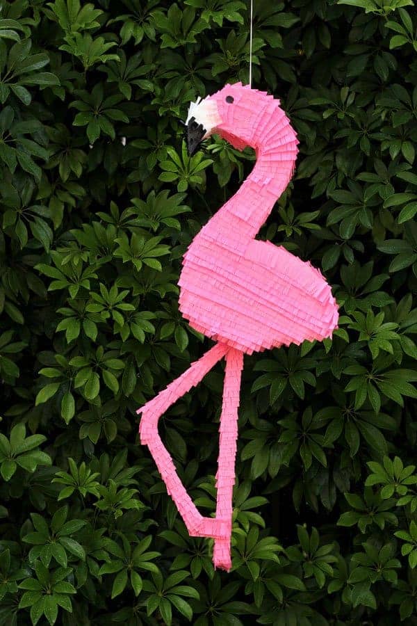 pink diy flamingo pinata against tree background