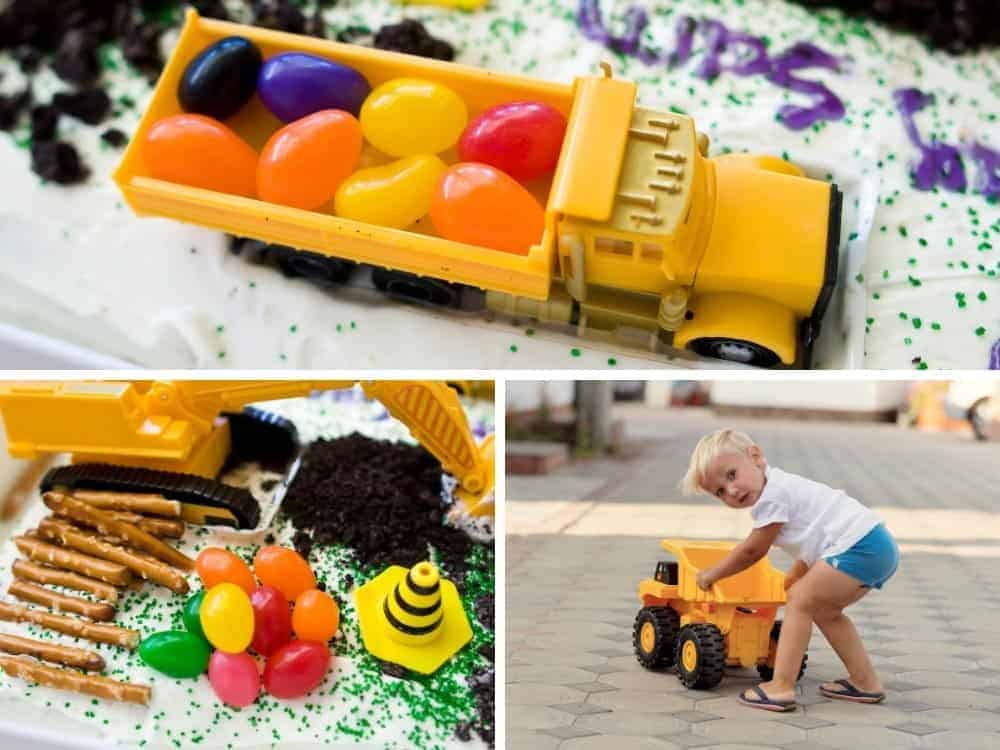 construction birthday cake with jelly beans and boy playing with truck