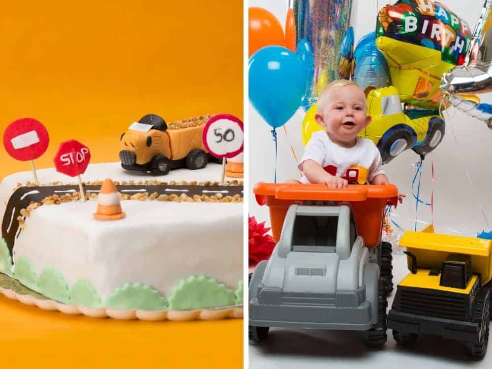 boy in a construction truck with balloons and a birthday cake