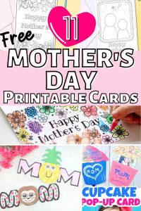 collage of mother's day printable cards including cards to color, pop up card and cards in shape of word mom and mum