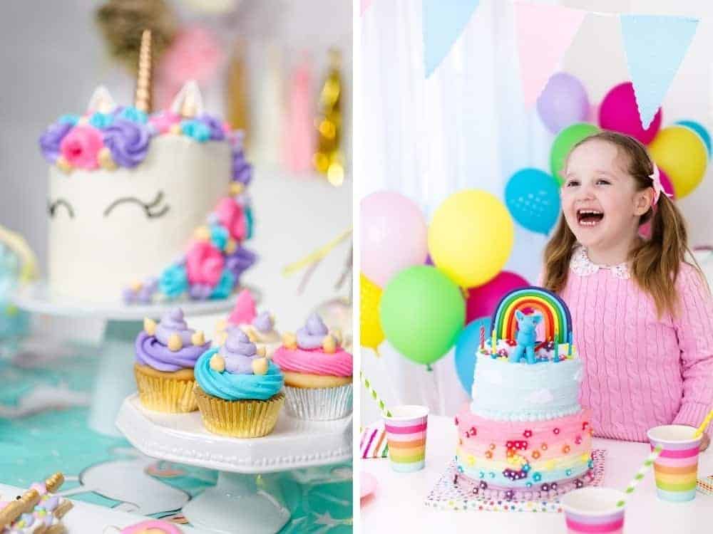 unicorn and rainbow party decor and birthday cakes