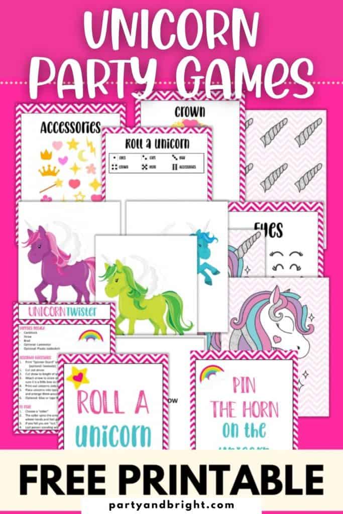 collage of free printable unicorn party games with brightly colored unicorns and pin the horn on the unicorn