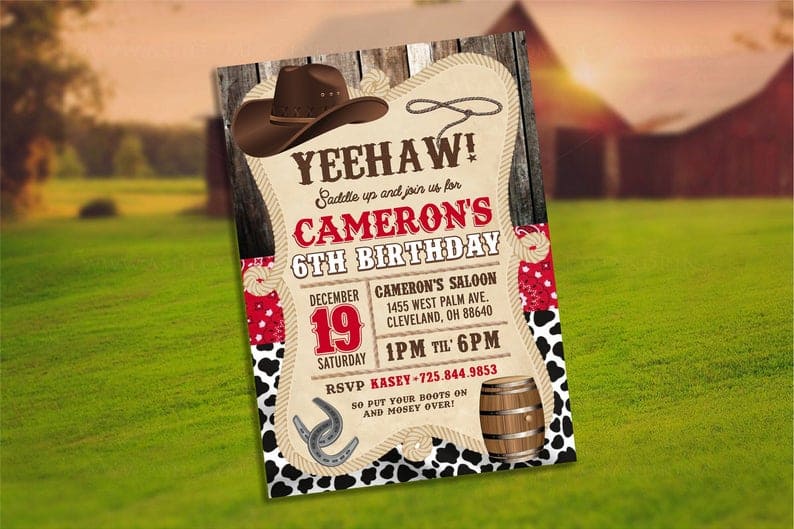 cowboy birthday party invite with background of a farm in photo