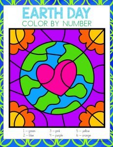 earth day color by number with picture of earth with heart in middle