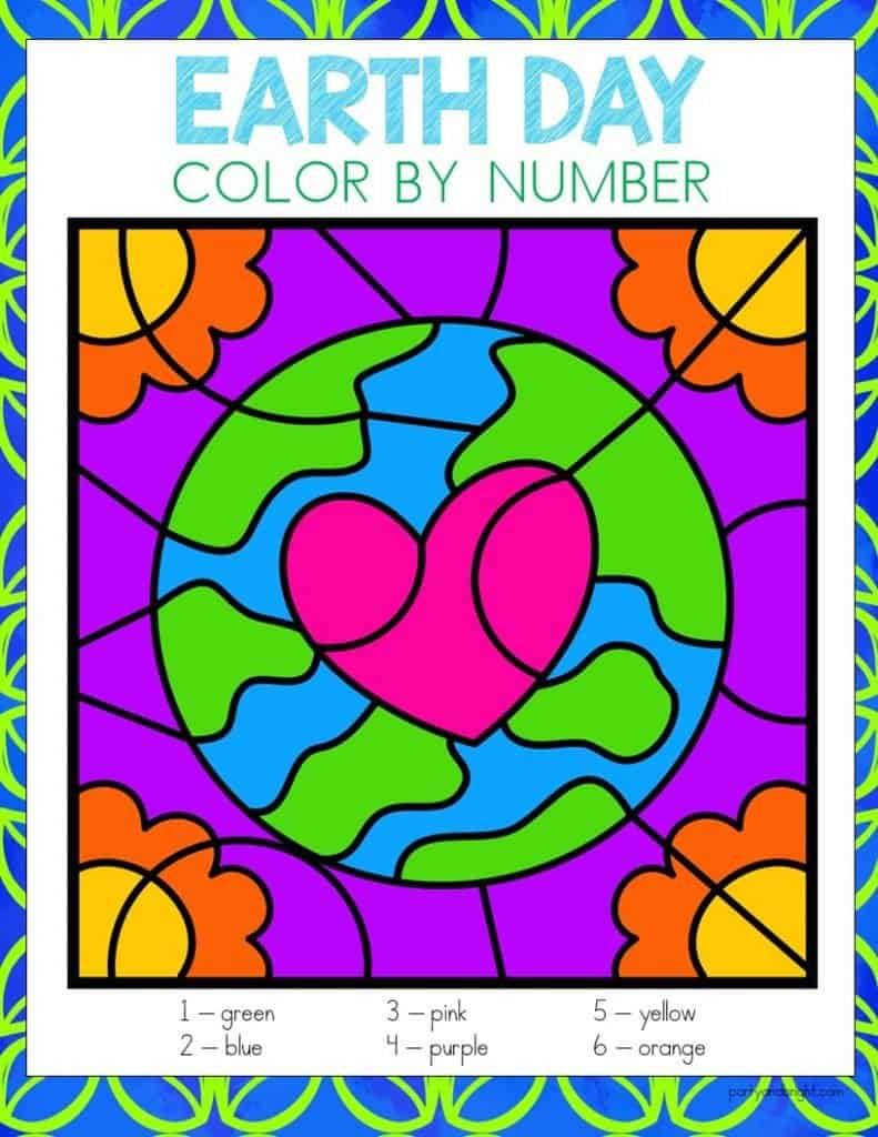 earth day color by number with picture of earth with heart in middle