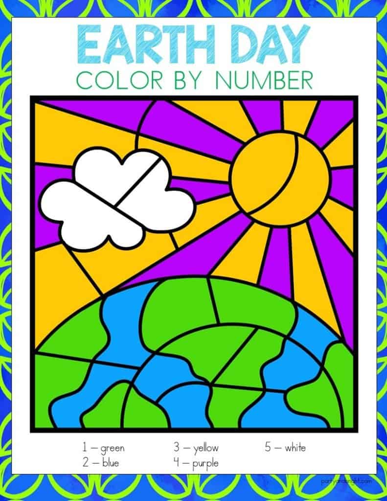 earth day color by number with picture of sun and earth colored in