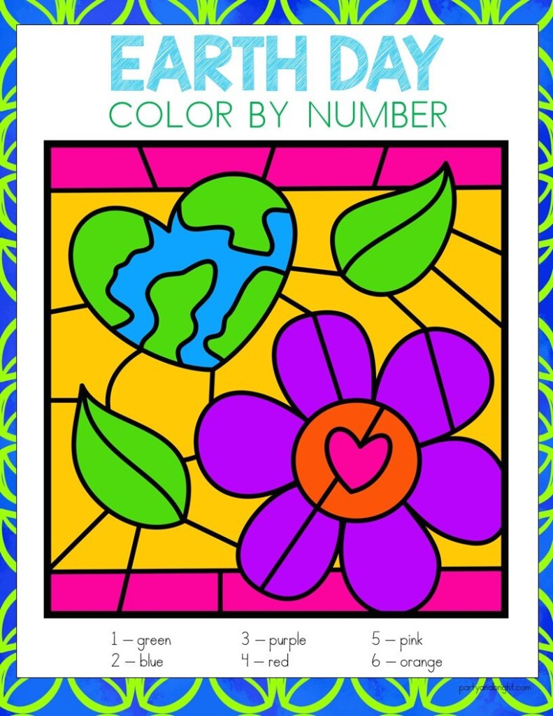 earth day color by number with picture of earth in heart shape with flower colored in