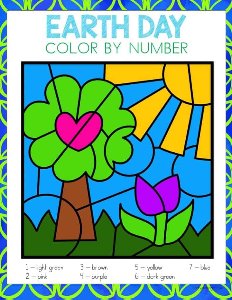 earth day color by number with picture of tree with heart and flower