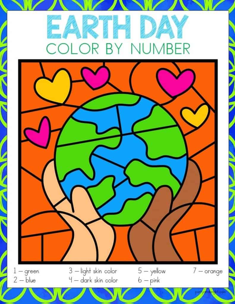 earth day color by number with picture of earth with hands