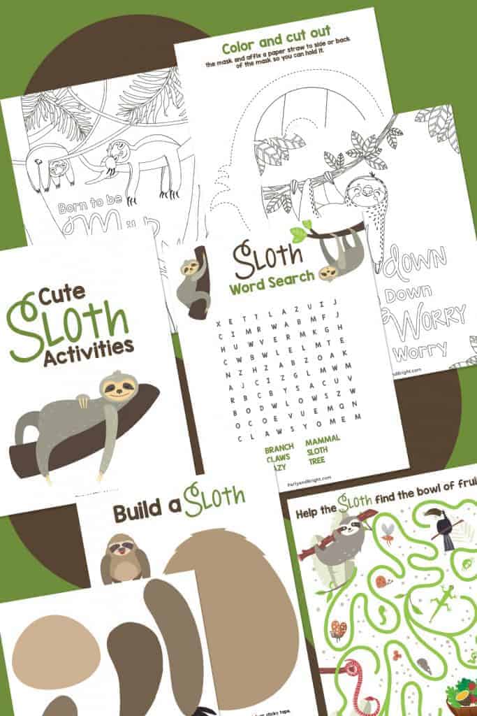 collage of fun sloth activity pages to print