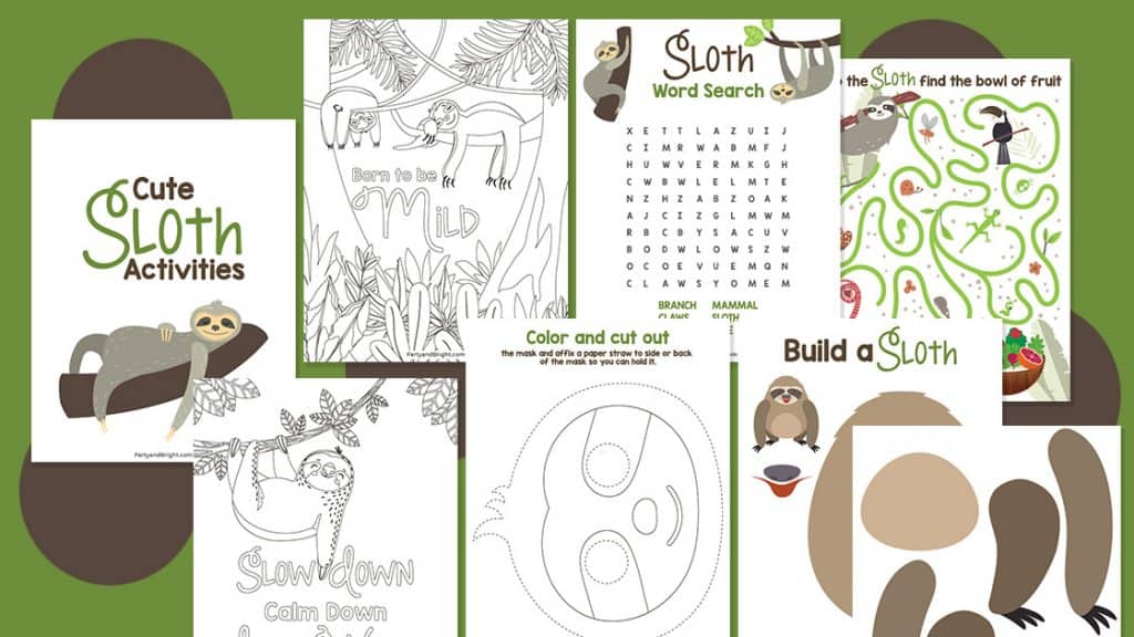 collage of sloth themed coloring pages and activities