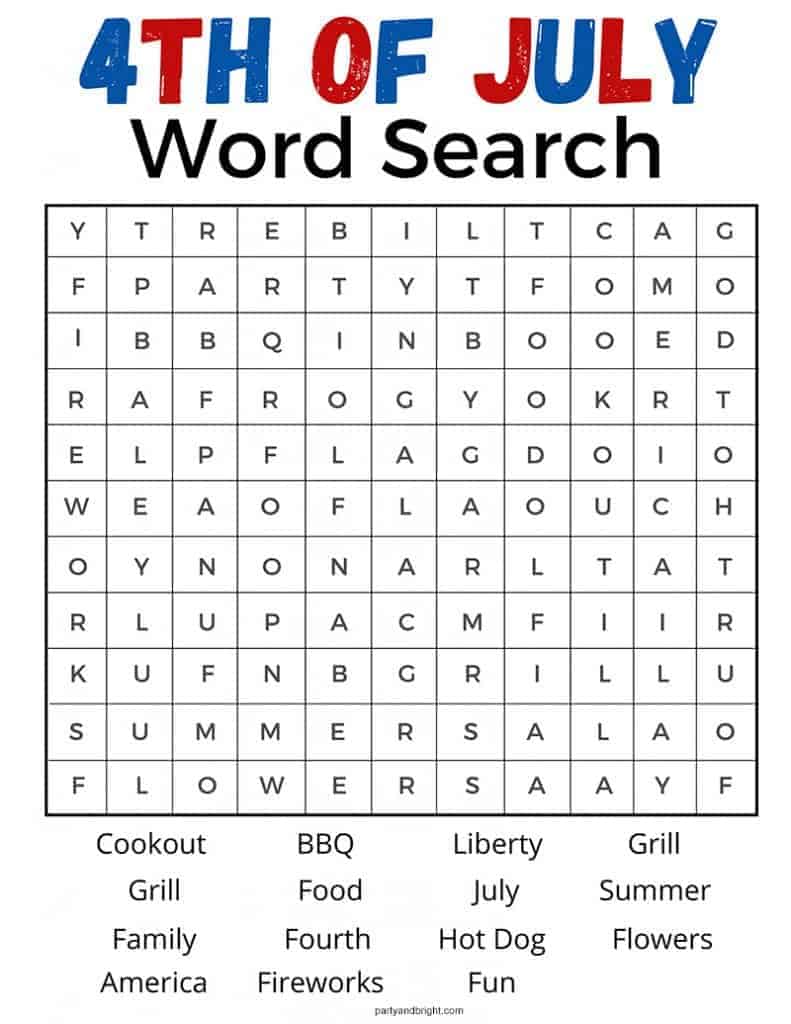 4th of July word search printable