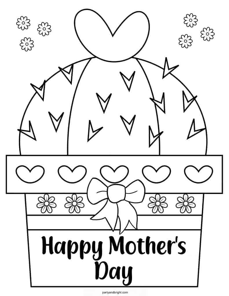 Mothers Day Coloring Page with potted cactus that says Happy Mothers Day