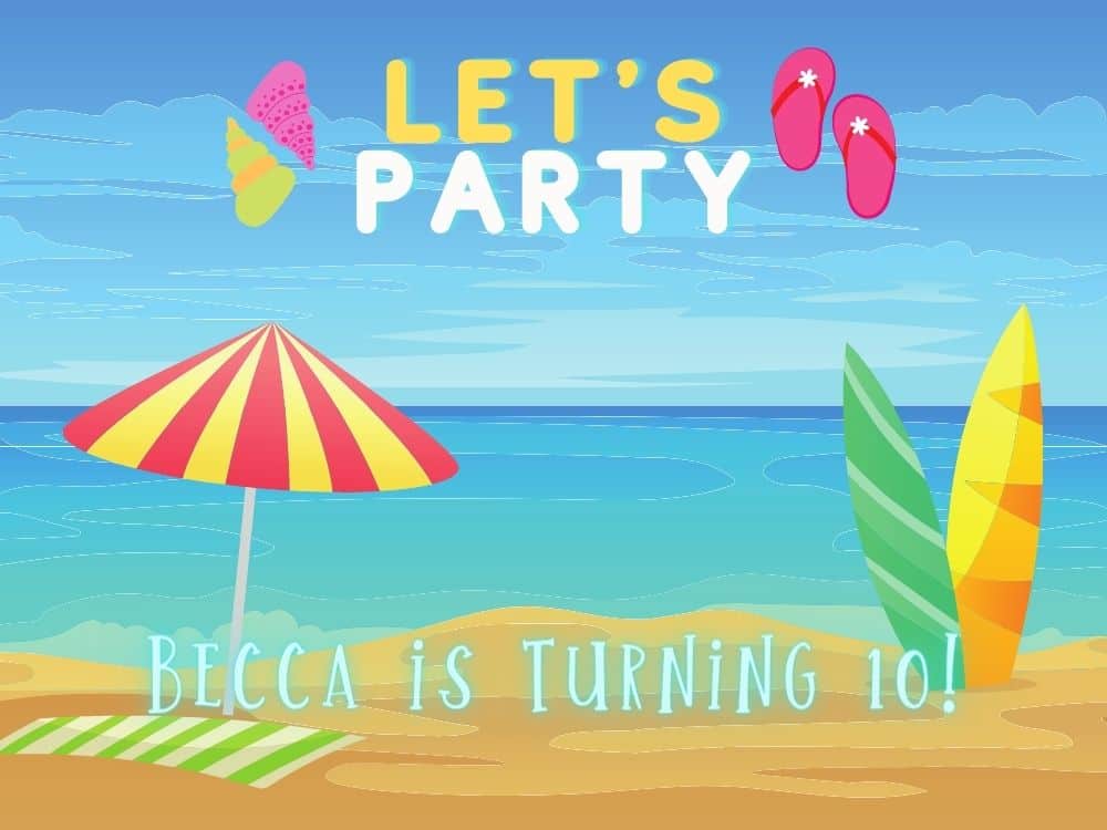 beach birthday party invitation with umbreall and surfboards