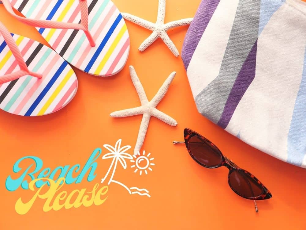 flat lay of beach items with text Beach Please and image of sun and palm tree