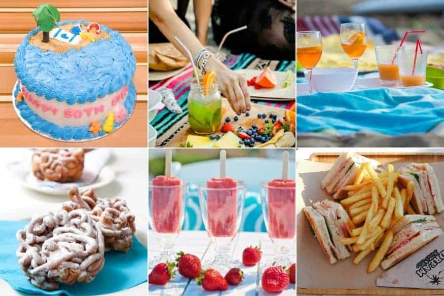 collage of summer and beach foods including ocean cake, funnel cake, popsicles, fries and cocktails