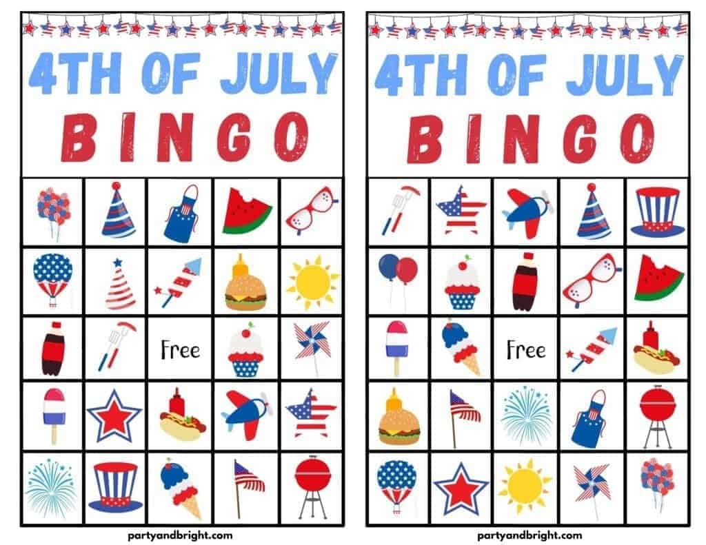 4th of July Bingo Cards Printable and Other Patriotic Games for Kids