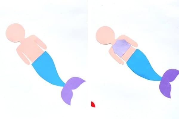 two pictures of steps to put a mermaid paper craft together side by side