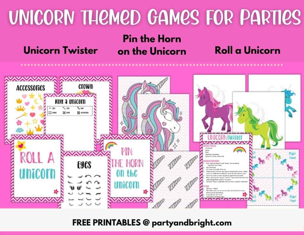 screenshots of printable unicorn games for parties in a collage format with pink background