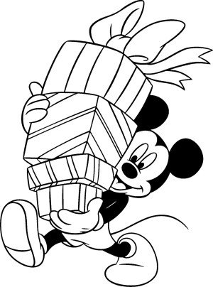 mickey mouse coloring page featuring mickey carrying a stack of presents