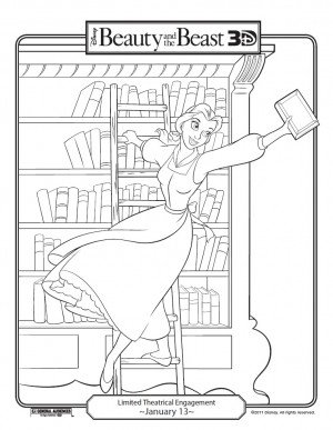 Beauty and the Beast coloring page with Belle hanging off ladder in the library holding a book