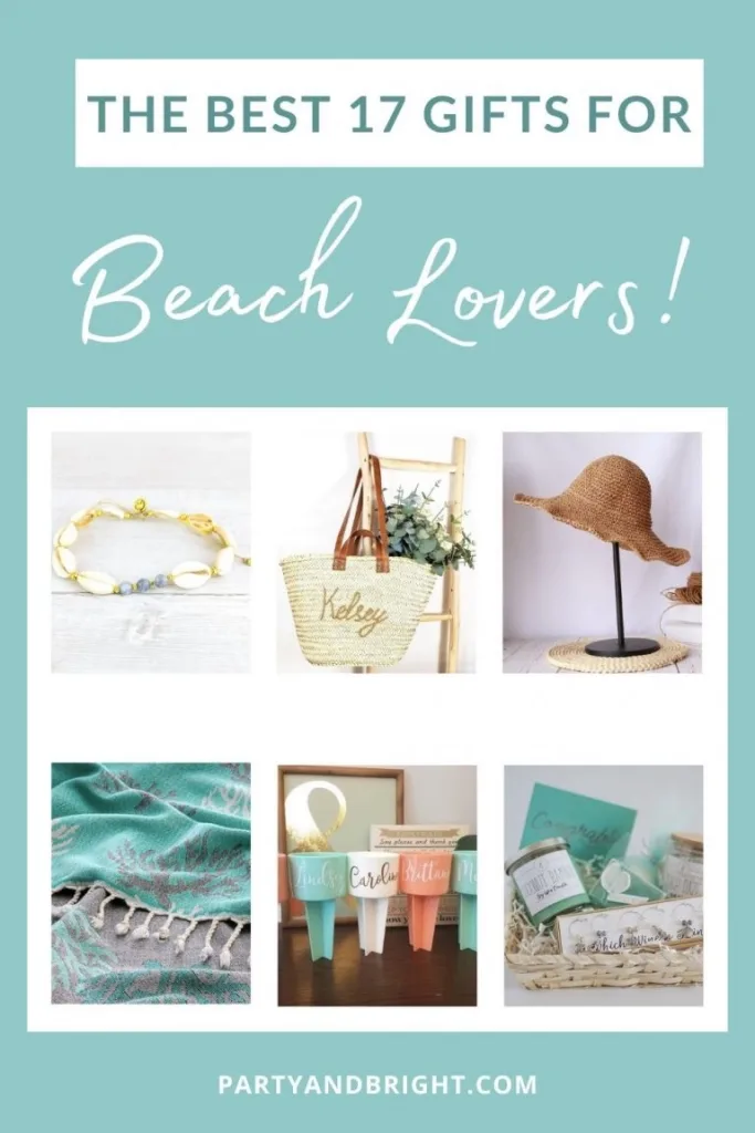 collage of the best gifts for beach lovers, including beach totes, hats, gift basket and blankets