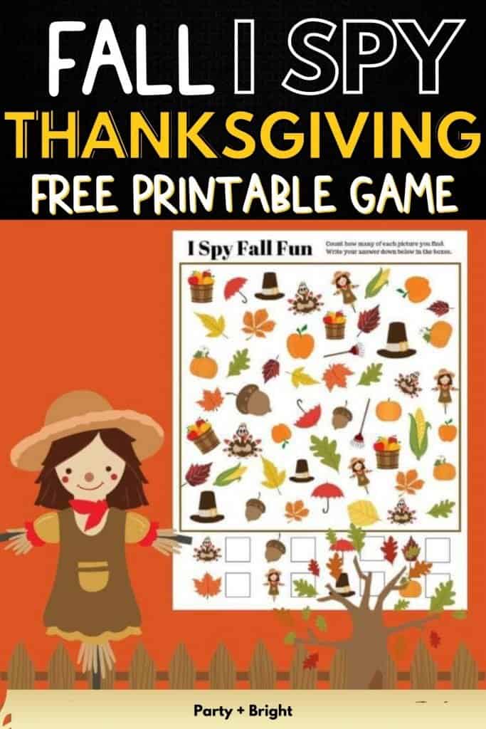 fall thanksgiving i spy printable game on a orange background with scarecrow clipart with text fall I SPY thanksgiving free printable game