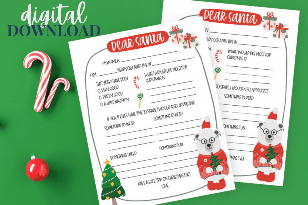 two copies of letter to santa templates with clipart of bear dressed like santa and a tree on a green background