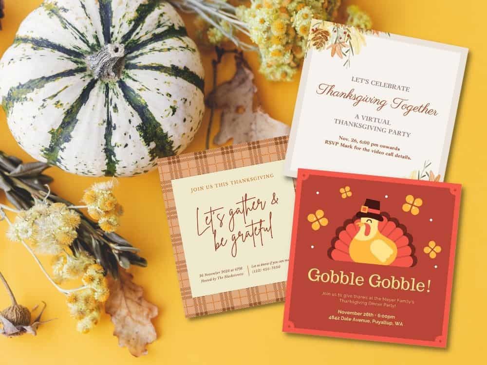 fall tablescape flat lay with gold paper background with three festive thanksgiving invitations with wording ideas