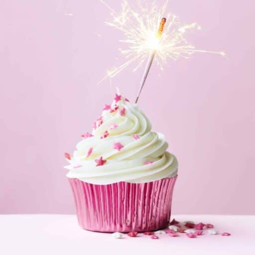 pink party cupcake with sparkler