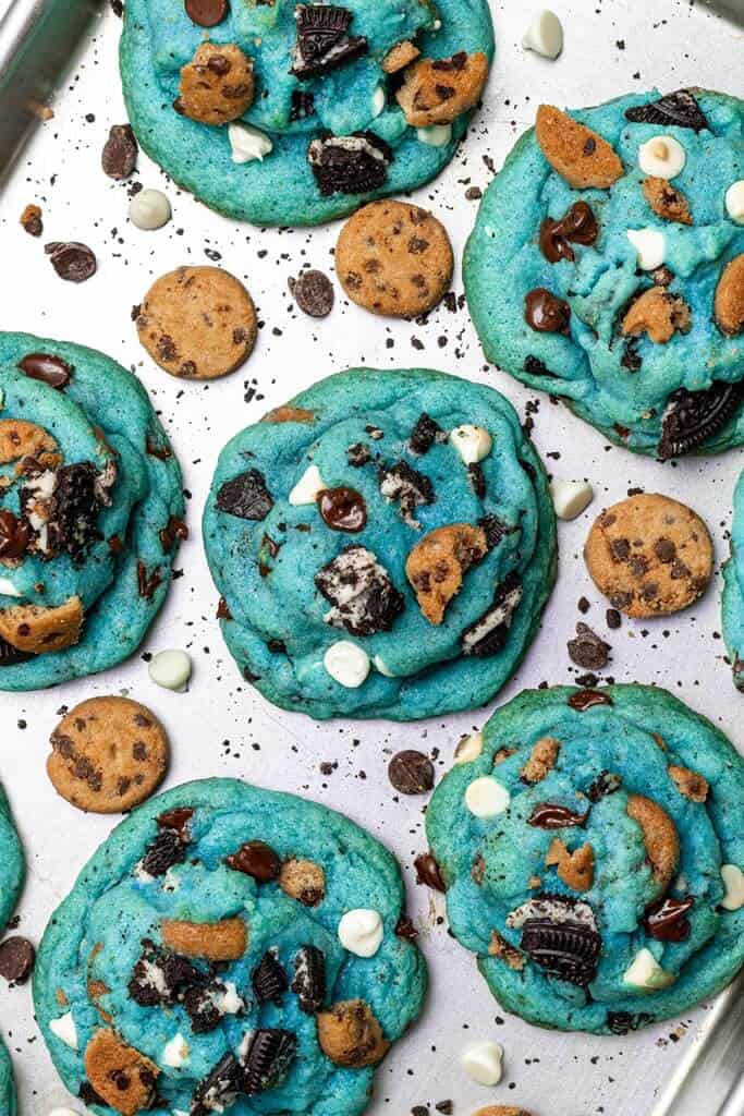 Blue chocolatel chip cookies with white chocolate chips and cookie chunks