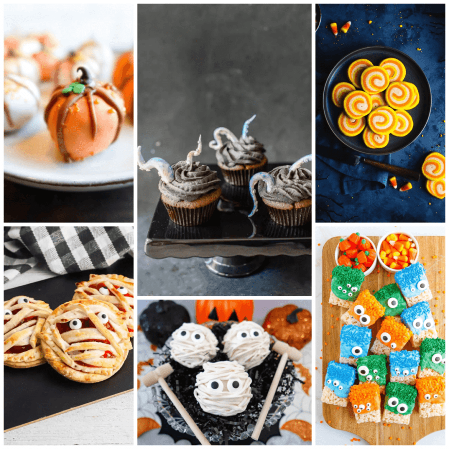 collage of fun halloween treats and desserts for party