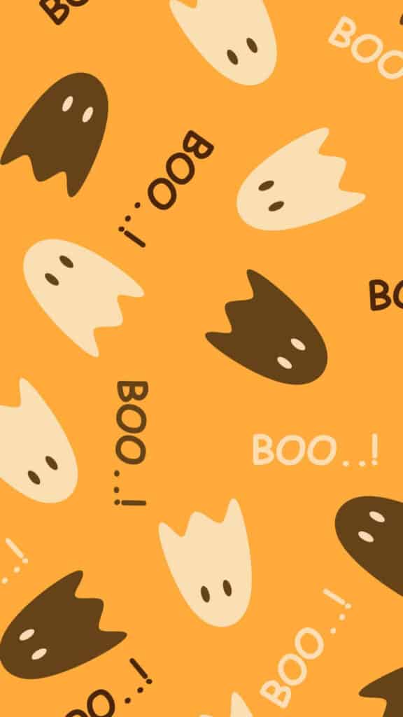 halloween wallpaper background image consisting of neutral color ghosts and the word boo on a orange background